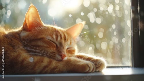 A peaceful orange cat sleeping on a windowsill, bathed in soft sunlight and bokeh effects.