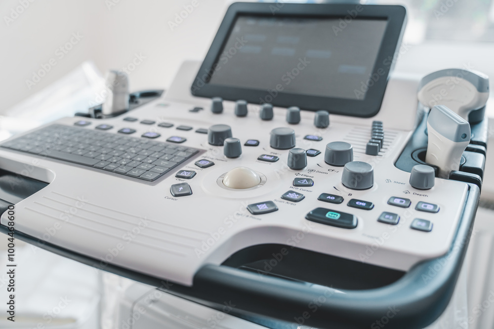 Close up of ultrasound machine in clinic. Health care, diagnostic and disease prevention concept Close up of ultrasound machine in clinic. Health care, diagnostic and disease prevention concept