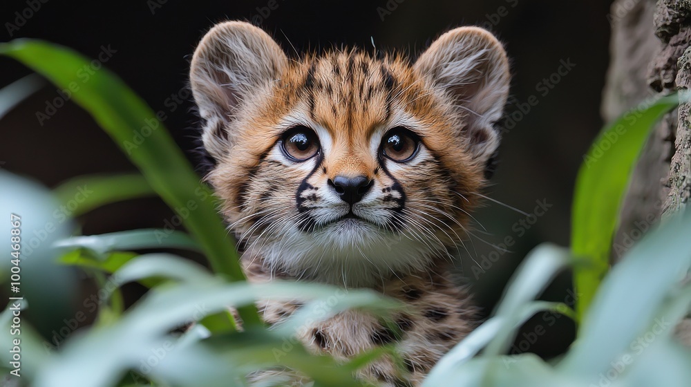 A young wildcat cub curiously peeks through lush green foliage in its natural habitat during daytime exploration A young wildcat cub curiously peeks through lush green foliage in its natural habitat during daytime exploration
