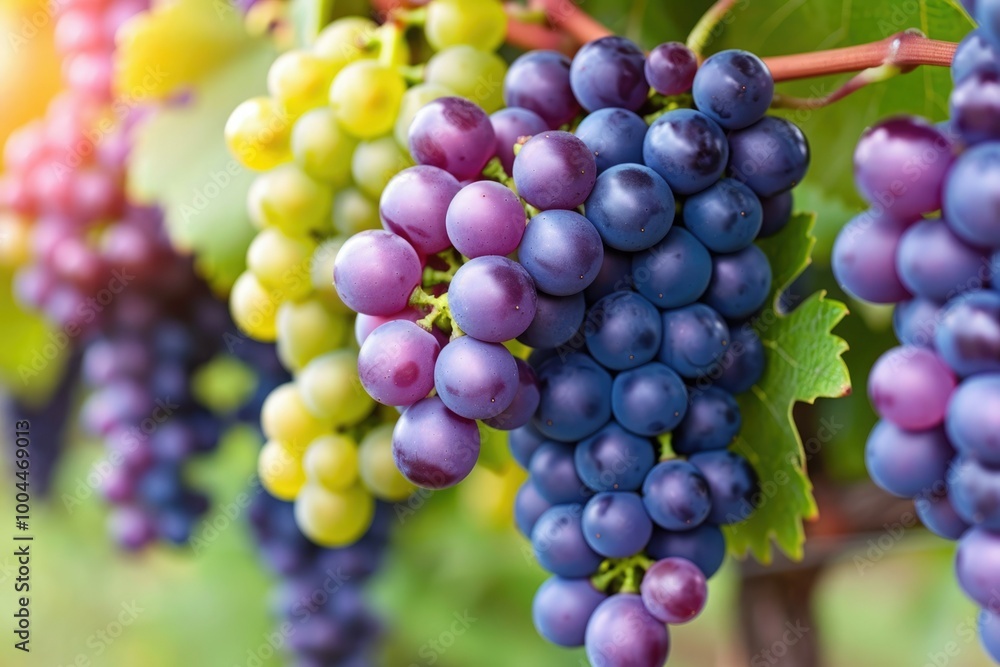 Freshly ripened grapes hanging in the vineyard during warm afternoon sunlight Freshly ripened grapes hanging in the vineyard during warm afternoon sunlight
