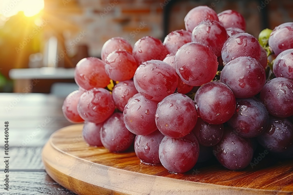 Fresh red grapes on a wooden platter with water droplets in warm sunlight Fresh red grapes on a wooden platter with water droplets in warm sunlight