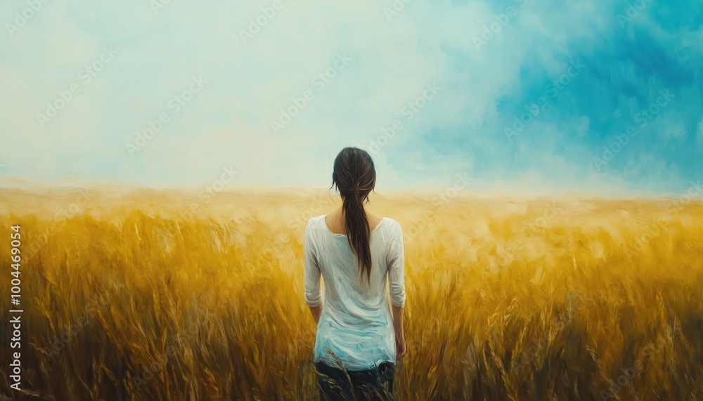 Lonely Freedom Dream And Hope: Young Woman Alone In A Field, Surreal Loneliness In Nature. Painting Illustration Of Happiness In Artwork. Lonely Freedom Dream And Hope: Young Woman Alone In A Field, Surreal Loneliness In Nature. Painting Illustration Of Happiness In Artwork.
