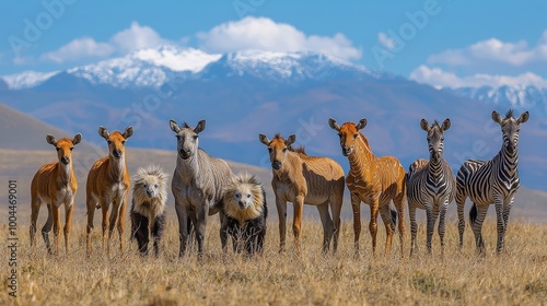 A group of majestic animals, including zebras and wild horses, standing together in a vast grassy plain with mountains in the background