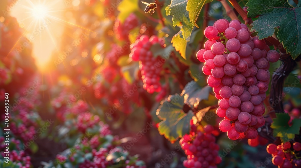 Sunset over a vineyard with ripe grapes growing on vines during harvest season Sunset over a vineyard with ripe grapes growing on vines during harvest season