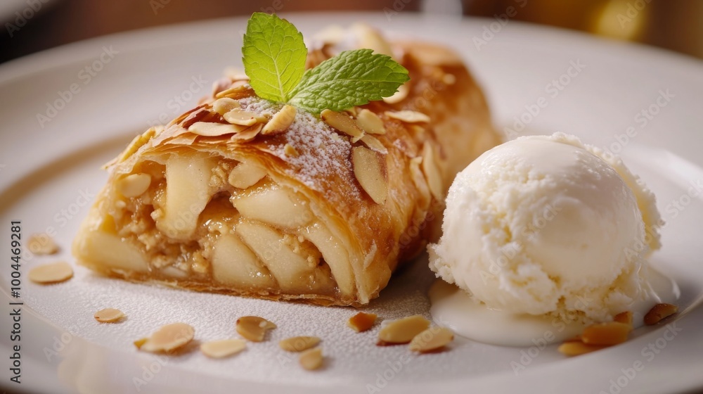 A close-up of a pear and almond strudel, with golden pastry and almond flakes on top, served alongside a scoop of vanilla ice cream and garnished with fresh mint leaves. A close-up of a pear and almond strudel, with golden pastry and almond flakes on top, served alongside a scoop of vanilla ice cream and garnished with fresh mint leaves.