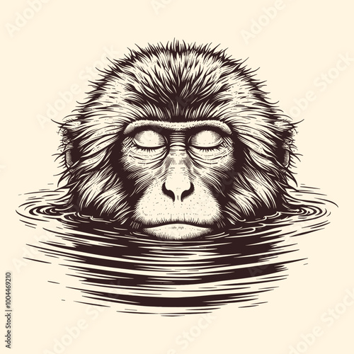 Hand Drawn Illustration Of A Japanese Macaque Monkey Soaking In A Hot Spring