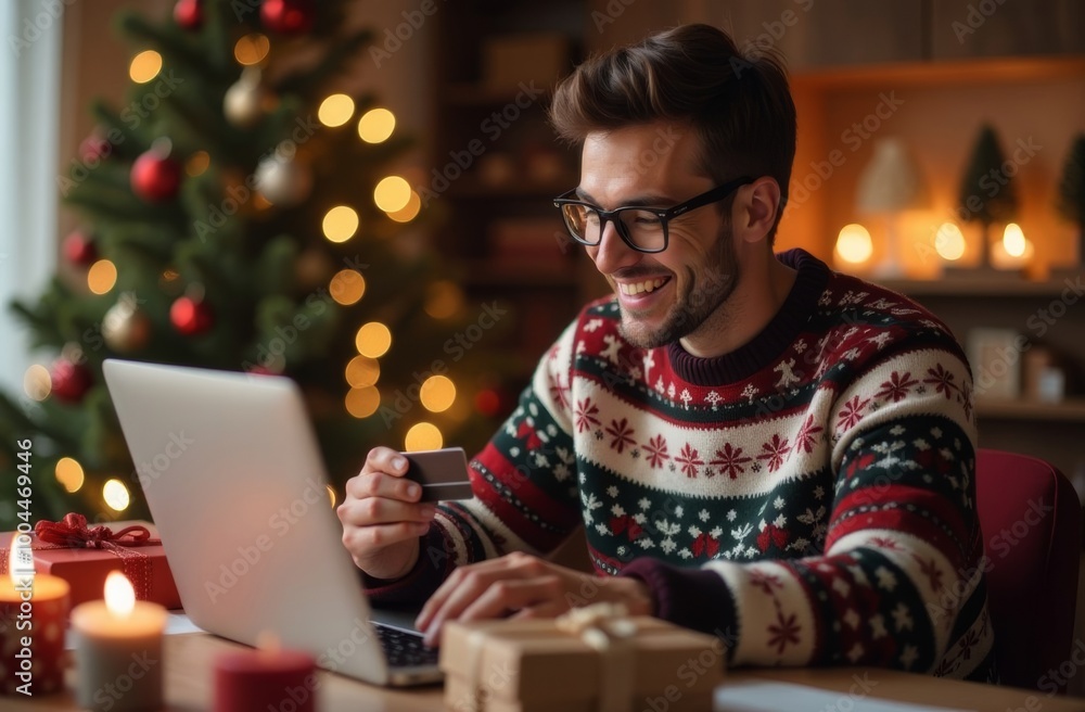 A young man in a festive sweater shops online while surrounded by Christmas decorations and soft candlelight at home A young man in a festive sweater shops online while surrounded by Christmas decorations and soft candlelight at home