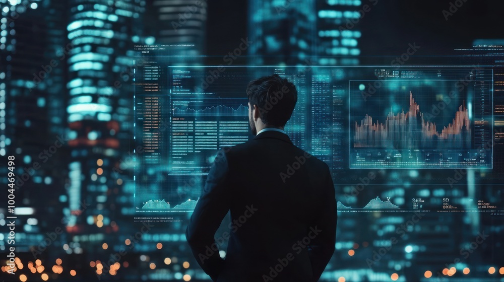 Businessman Looking at Data Analytics on a Futuristic Display Businessman Looking at Data Analytics on a Futuristic Display