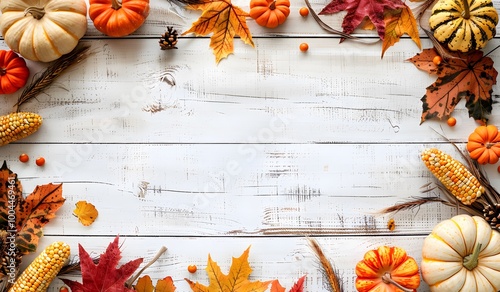 Autumn Border Rustic White Wood Background