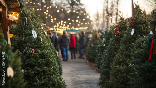 Christmas tree lot with string lights and blurry people