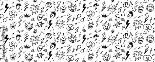 Grunge rock seamless pattern with doodle elements. Wax pencil drawing face with tongue out, cartoon thunderbolt like children pen drawing and other rock n roll style black color vector elements
