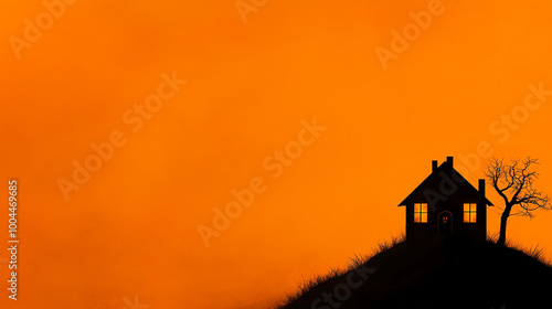 Spooktacular Halloween silhouette of haunted castle against a dark, moonlit sky with eerie clouds