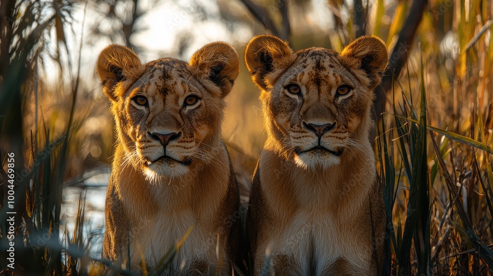 Two lions resting quietly in tall grass during golden hour at a wildlife reserve in Africa Two lions resting quietly in tall grass during golden hour at a wildlife reserve in Africa