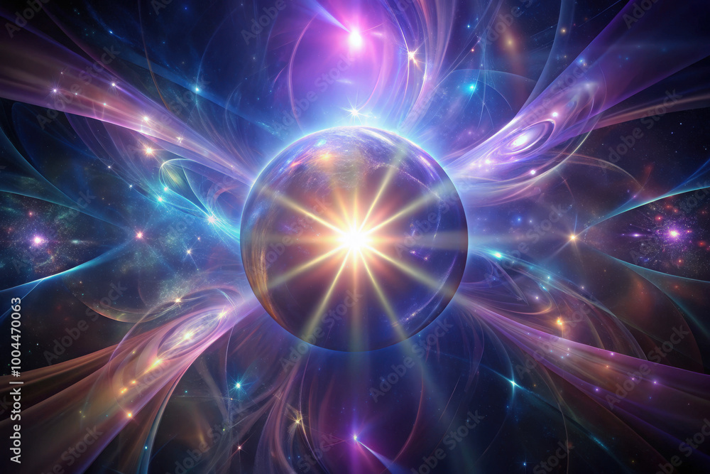 Naklejka premium A vibrant cosmic explosion surrounding a glowing orb, creating a mystical atmosphere of light and color in the vast universe. Generative AI