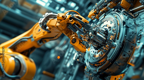  A robotic arm precisely assembling automotive parts. 