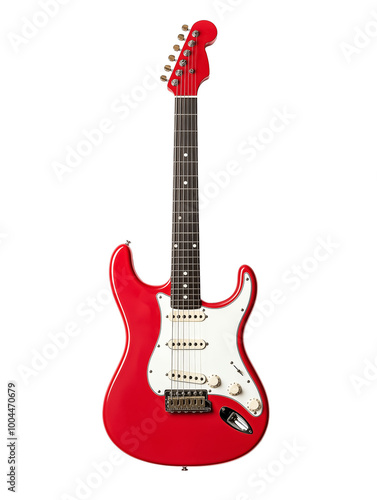 A bright red electric guitar, isolated on a transparent background, showcasing its sleek design and classic body style.