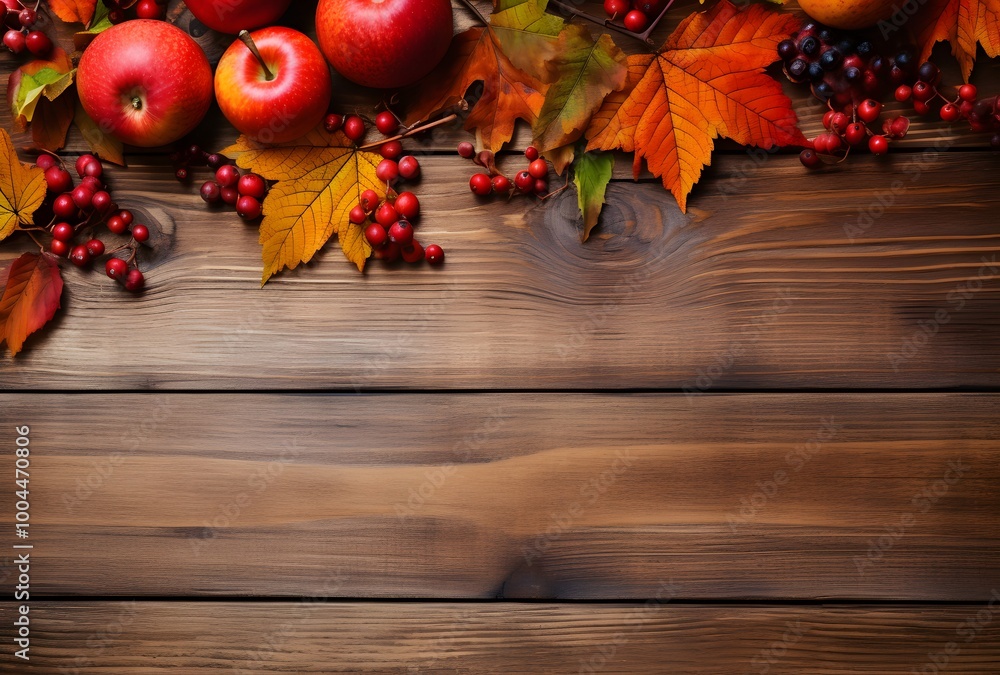 Rustic Wooden Background with Autumn Leaves and Berries Rustic Wooden Background with Autumn Leaves and Berries