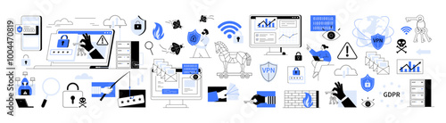 Numerous cybersecurity icons depicting data protection, secure connections, privacy, hacking threats, and compliance measures. Ideal for digital security, cyber threats, data privacy, internet malware