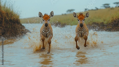 Two zebras splash through a river while running in the wild during a sunny day in the African savanna