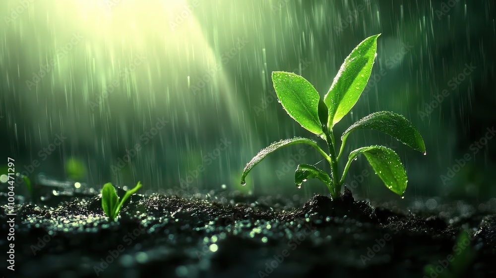 Fresh Green Shoots in Rainy Garden Light Fresh Green Shoots in Rainy Garden Light