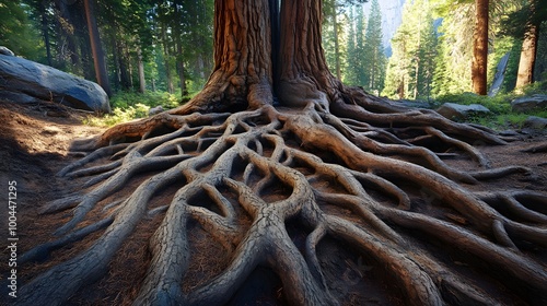 30. A thriving root system of a giant sequoia tree underground