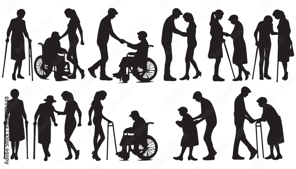 Fototapeta premium Young person helping elderly person walking with walking aids vector illustration black and white art design