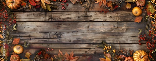 Rustic Fall Wooden Background with Pumpkins and Leaves