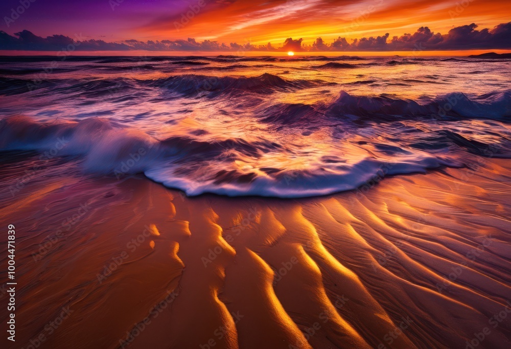 stunning vibrant beach sunset over textured waves smooth sand creating beautiful natural scene, colors, light, skies, ocean, horizon, nature, landscape