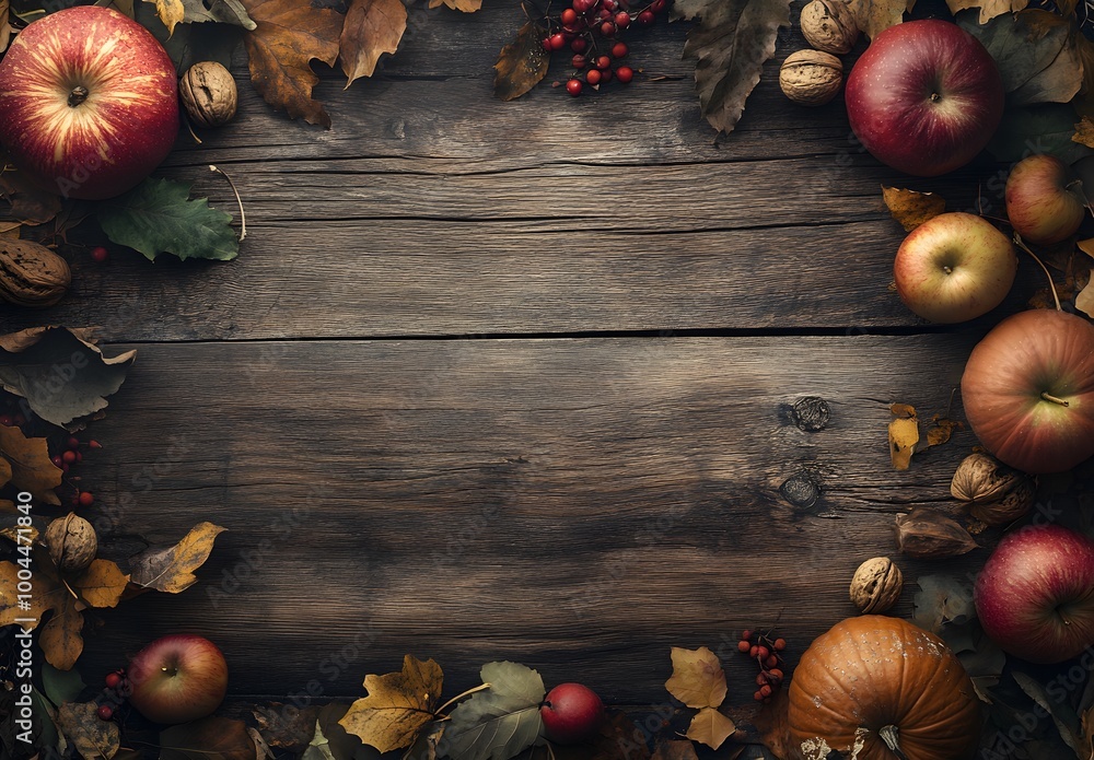 Rustic Autumn Wooden Background with Fall Elements Rustic Autumn Wooden Background with Fall Elements