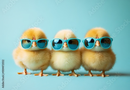 Three Cute Fluffy Baby Chicks Wearing Blue Sunglasses, AI generated illustration