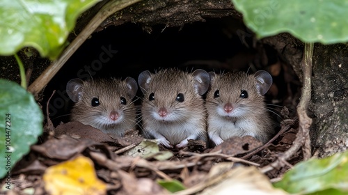 35. A family of shrews nesting in a leafy underground burrow photo