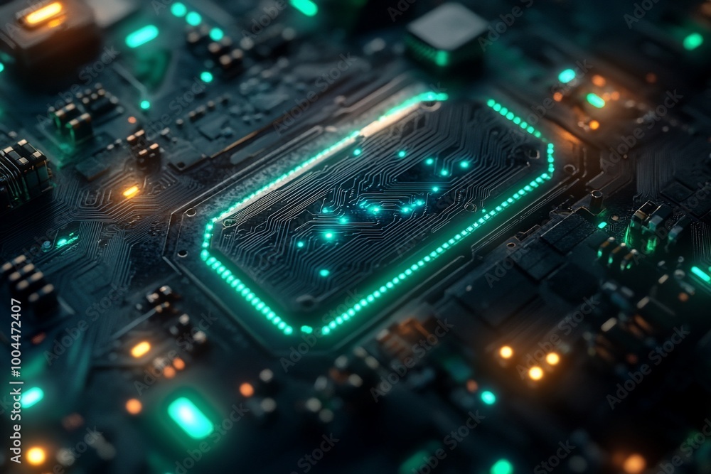 Closeup of a glowing circuit board with a central processor. Closeup of a glowing circuit board with a central processor.