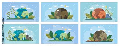 Series of 6 designs showing Earth in healthy vibrant green and degraded polluted states. Each scene includes plants clouds and sun. Ideal for environmental awareness climate change sustainability