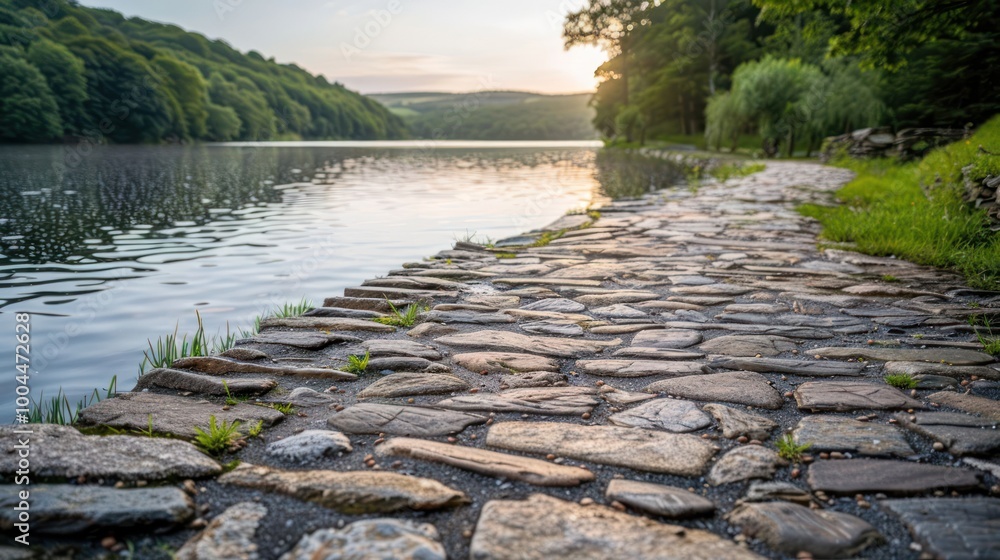 Fototapeta premium A stone path leads to a serene lake with lush green foliage and a golden sunset in the background.