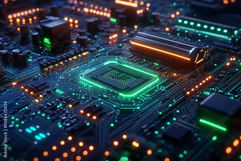 Close up of a computer circuit board with glowing green and orange lights. Close up of a computer circuit board with glowing green and orange lights.