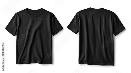 A black t-shirt with short sleeves and a crew neck is shown from the front and back. The t-shirt is isolated on a white background.