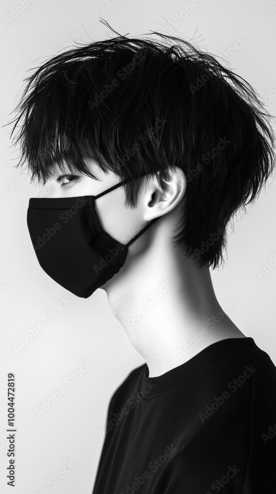 Japanese male model, wearing black mask and hair with bangs. Japanese male model, wearing black mask and hair with bangs.