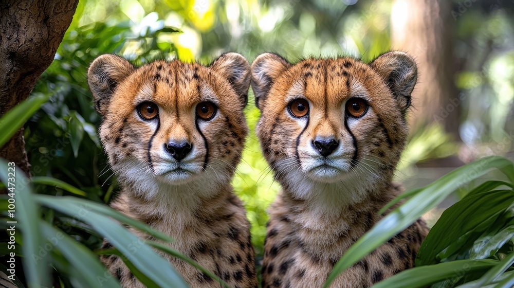 Fototapeta premium Two cheetahs gazing curiously from a lush green environment in a wildlife sanctuary during daylight