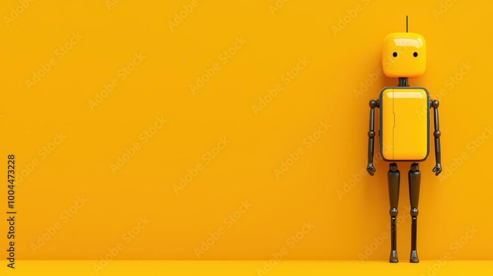 A cheerful yellow robot standing against a vibrant orange background. A cheerful yellow robot standing against a vibrant orange background.
