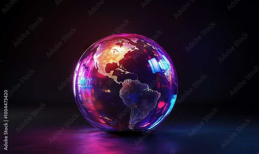 Neon-glowing Earth in a glass sphere, holographic effect. AI generated illustration