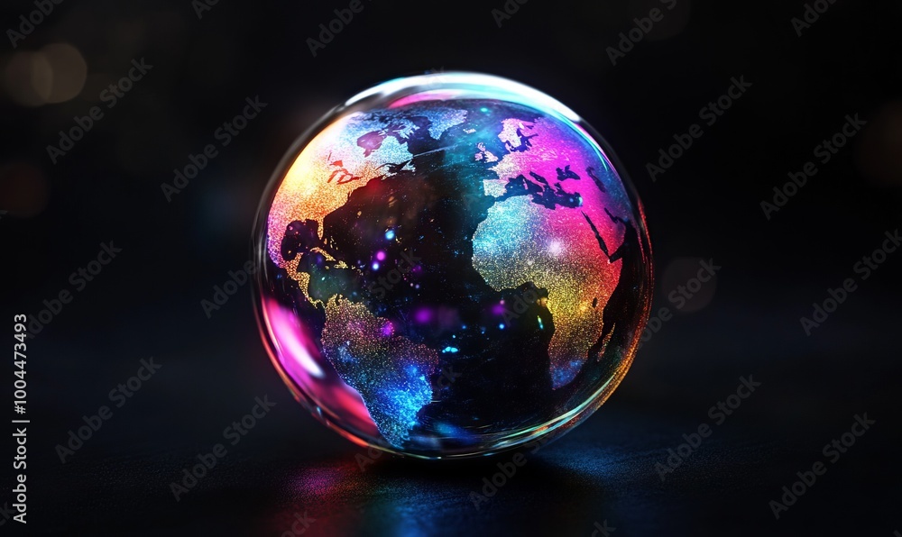 Neon-glowing Earth in a glass sphere, holographic effect. AI generated illustration Neon-glowing Earth in a glass sphere, holographic effect. AI generated illustration