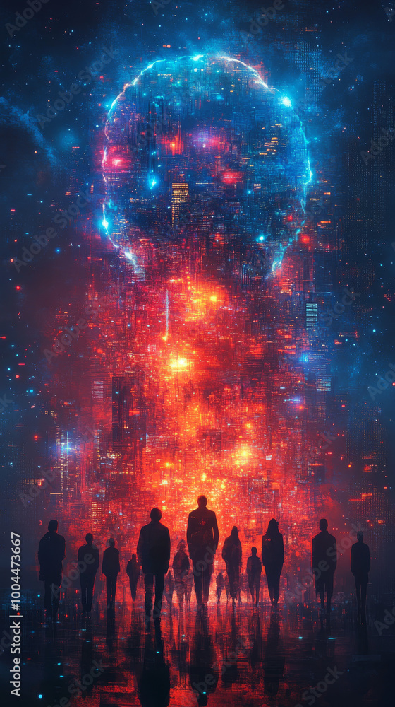 Silhouettes of people walking toward a glowing futuristic city. Silhouettes of people walking toward a glowing futuristic city.