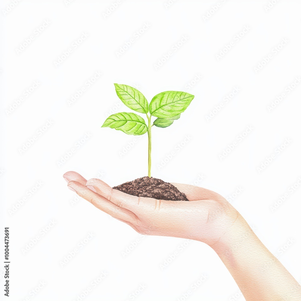 A hand holding a small green plant with leaves, symbolizing growth and care, on a white isolated background. A hand holding a small green plant with leaves, symbolizing growth and care, on a white isolated background.