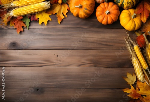 Rustic Wooden Autumn Background with Pumpkins and Corn