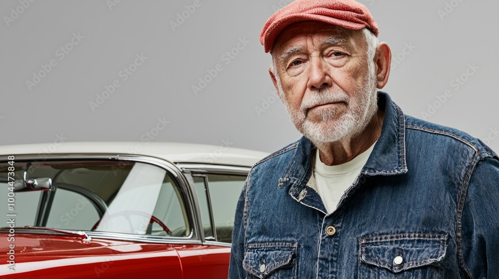 Obraz premium close up portrait of classic car owner, stereotypical, photographed in white studio space