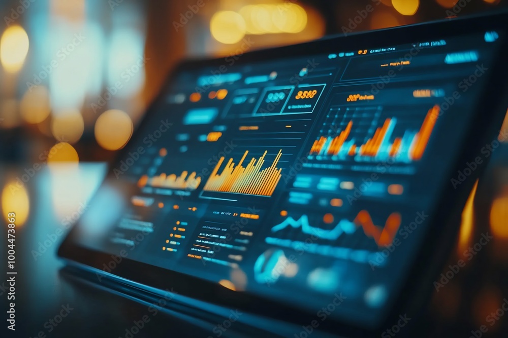 A tablet displaying data analytics and charts with a blurred background of warm lights. A tablet displaying data analytics and charts with a blurred background of warm lights.