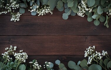 Rustic Wooden Background with Eucalyptus and Baby's Breath Border