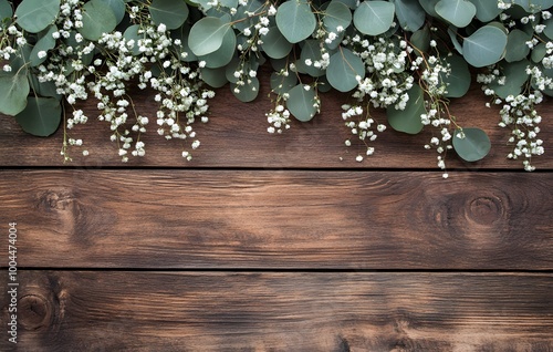 Rustic Wooden Background with Eucalyptus and Baby's Breath