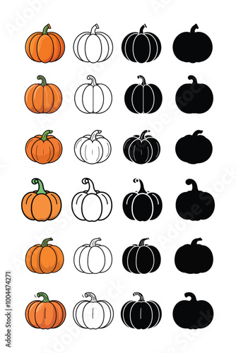  Set of Pumpkin vector illustration silhouette outline isolated on white background