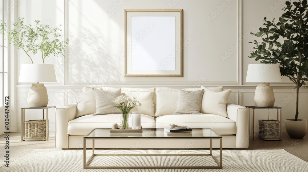 Modern Living Room with Cream-Colored Walls and Plants Modern Living Room with Cream-Colored Walls and Plants